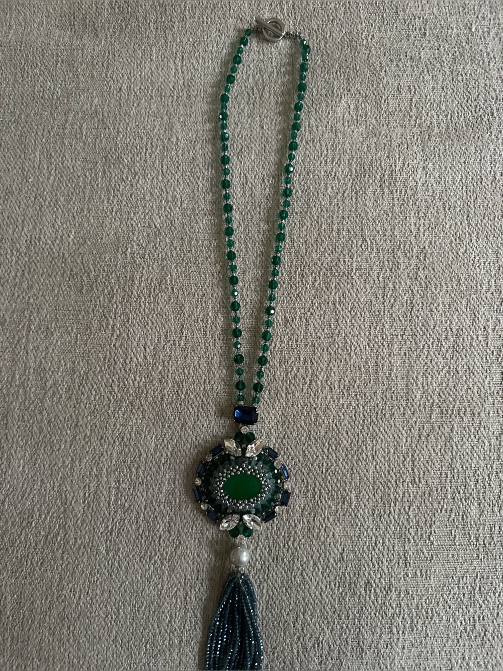 Green and Blue Beaded Pendant Tassel Necklace